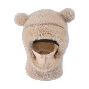 Beige plush bear ear winter hat with integrated neck warmer for kids in a frontal view