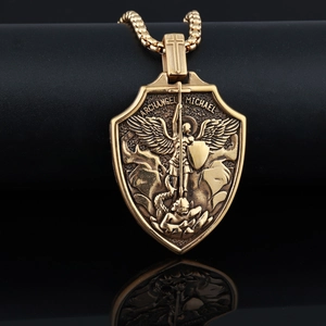 Gold Archangel Michael stainless steel shield pendant necklace with embossed detail