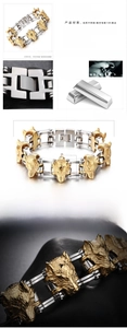 Detailed close-up of dual-tone wolf head steel bracelet links with 18K gold plating