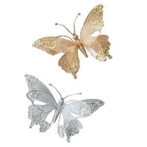 Christmas tree decoration 25cm glitter mesh butterflies with white pearls in gold and silver