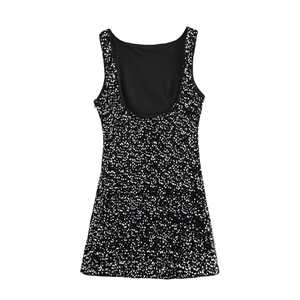 Sparkly black sequin sleeveless party mini dress with U-back design on white background