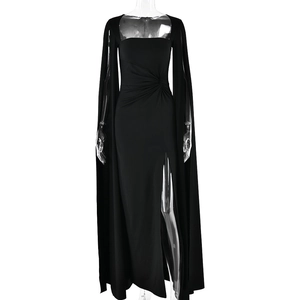 Elegant black floor-length dress with square neck, shawl design, and high side slit