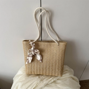 Sac Cabas Tissé En Paille Femmes Grande Capacité Sac À Épaule Avec Poignée En Corde De Coton Et Foulard En Satin Bohème
