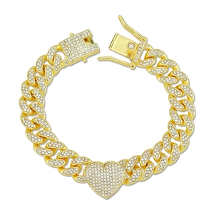 Bracciale A Catena Cubana Pendente A Cuore Lega Di Zinco Strass Hip Hop Gioielli Per Uomo Donna