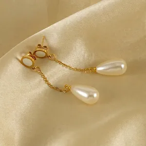 Boucles D'oreilles Pendantes Style Français Acier Inoxydable Plaqué Or 18K Avec Faux Künstliche Perle En Forme De Larme Et Coquille
