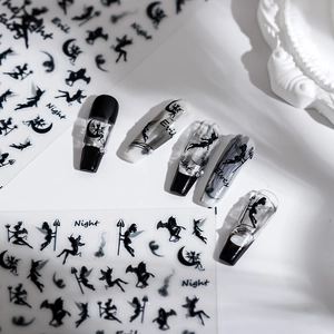 Pegatinas de uñas 5D con relieve de elfo oscuro y siluetas góticas negras con luna