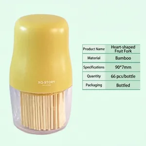 Cure-dents en bambou en forme de cœur 90x7mm lot de 66 pièces en récipient transparent