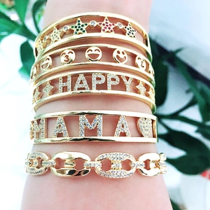 Fashion Copper Gold Open Bangle Bracelet With Rhinestone Mama Happy Letter Smile Face Star Pattern Jewelry For Women