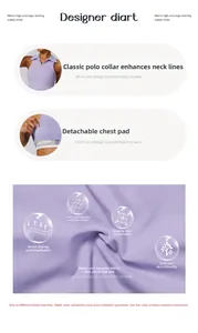Detailansicht eines lila Yoga-Tops mit klassischem POLO-Kragen und herausnehmbaren Pads