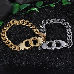 Hiphop stainless steel chunky link bracelet with diamond handcuffs in gold and silver finish