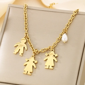 Gold stainless steel family necklace with boy and girl silhouettes and pearl charm