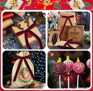 Macro detail of dark red velvet bows used for festive gift boxes and bottle decorations