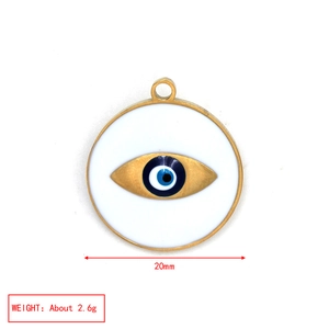 Detail of 20mm gold-plated evil eye charm with blue and white enamel for DIY jewelry