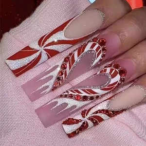 Christmas theme long coffin press on nails with red candy stripes and rhinestones