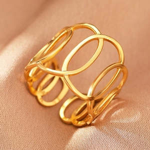 Bohemian hollow geometric layered golden stainless steel open ring for women