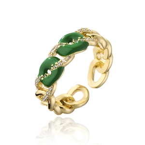 Luxurious 18K gold plated copper Cuban chain open ring with green enamel and zircons
