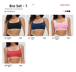 Detail of square neck sports bra set with white contrast piping in four colors