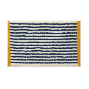 Absorbent non-slip bathroom mat with blue stripes and yellow borders on beige plush fabric