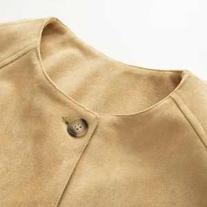 Women's khaki faux suede jacket featuring a round collar and amber marble button detail