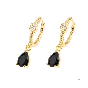 Detail view of 18K gold plated hoop earrings with square zircon and black pear drops