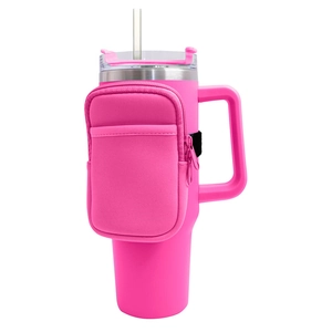 Pink 40oz tumbler with matching neoprene zipper pouch attached to the cup body