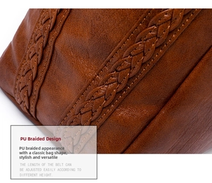 Close-up of litchi texture PU leather handbag with hand-woven strap detail