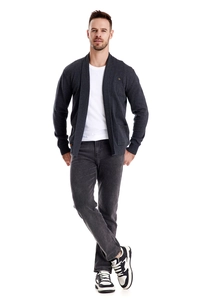 Close-up detail of dark grey knit cardigan showing high-quality fabric texture and finish