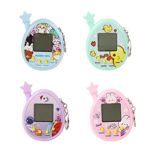 Virtual electronic pet game machine keychain in four pastel colors on a white background