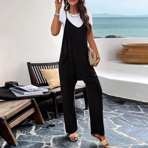 Combinaison Femme Bretelles Spaghetti Col En V Dos Nu Ample Jambe Large Avec Poches Mélange Coton Vacances Casual