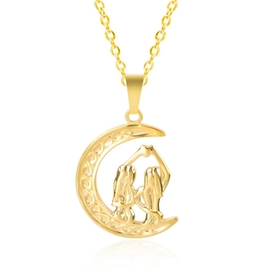Macro shot of gold crescent moon necklace with two girls silhouette for friendship