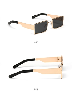 Detail view of gold rectangle sunglasses with side hinge and temple measurements