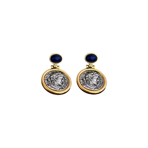 French vintage coin drop earrings with blue gemstone and silver portrait design