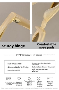 Detailed size specifications for women's cat eye sunglasses with frame measurements