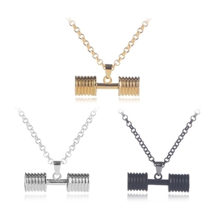 Dumbbell pendant necklaces in gold, silver, and black finish for fitness enthusiasts