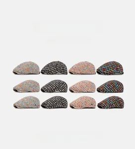 Grid view of twelve colorful checkered knit berets and newsboy caps in various patterns