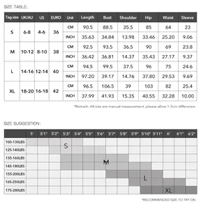 Detailed size chart guide for short sleeve bodycon dress with measurements in cm and inches