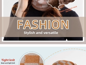 Detail of checkered knit hat set featuring warm fleece lining and tight stitching