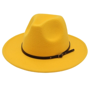 Detail of yellow wool felt fedora with black leather band and gold metal buckle