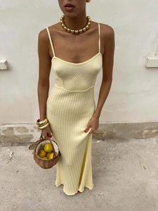 Women Sexy Knitted Rib Maxi Dress Strap Sleeveless Bodycon Low Cut Solid Color Vacation Beach Summer Camisole Long Dress