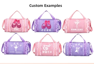 Pink and purple cylindrical dance bags for girls featuring lace trim and bow details