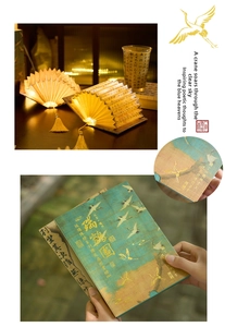 Macro view of Chinese fan book lamp featuring traditional cranes and warm LED light