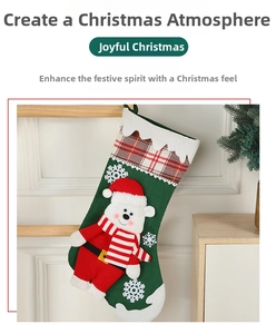 Detail eines grünen Strick-Weihnachtsstrumpfs mit 3D-Eisbär und Schneeflocken-Stickerei