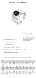 Size chart for S925 silver black onyx ring with inner diameter and finger circumference
