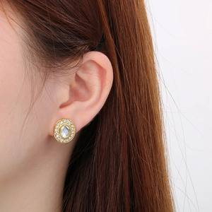 Boucles d'oreilles vintage en acier inoxydable plaqué or 18K avec grand cristal et strass