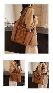 Macro view of brown faux leather tote bag with two large front pockets and glossy texture