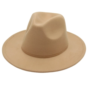 Classic khaki wool fedora hat with wide brim and matching band on white background
