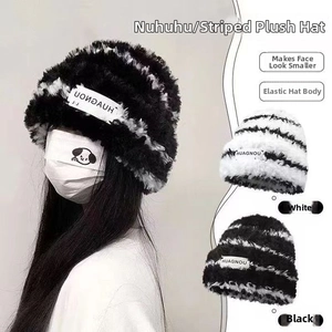 Detail of plush faux fur texture and elastic knit design on the warm winter bucket hat