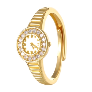 Adjustable gold watch-shaped ring with zircon bezel and textured band for couples