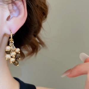 Detail of tiger eye stone tassel earrings with gold beads and sparkling zircon stones