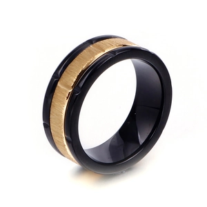 Two-tone black and gold titanium steel ring with brushed surface and polished finish